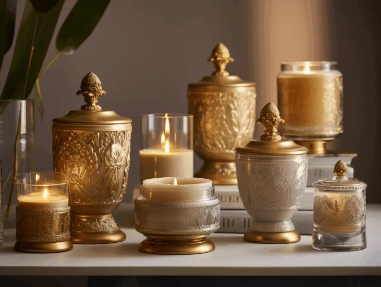 Candle containers with engraved lids, decorative handles, and unique design features.