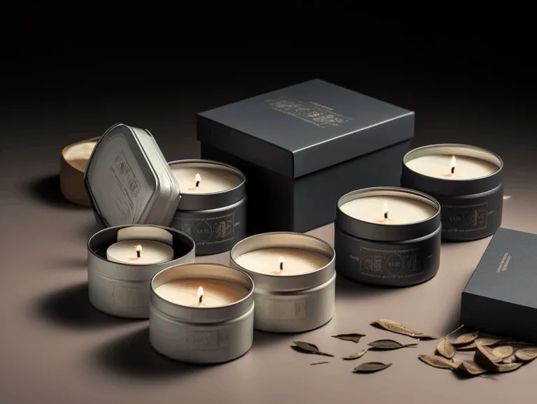 Tin candles displayed inside subscription boxes and promotional gift packaging.