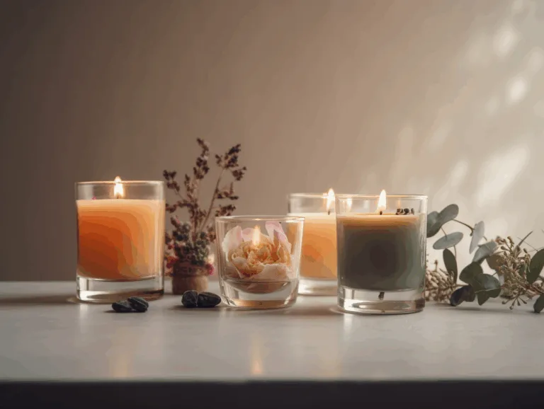 A collection of luxury scented candles with fragrance oils and botanicals, styled on a beige background with soft natural light.