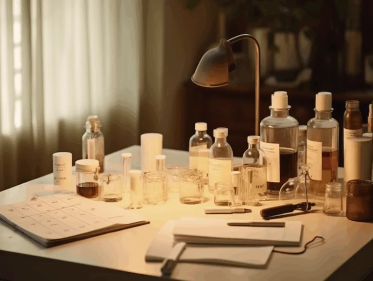 A laboratory-style workspace with candle fragrance testing equipment and safety compliance documents.
