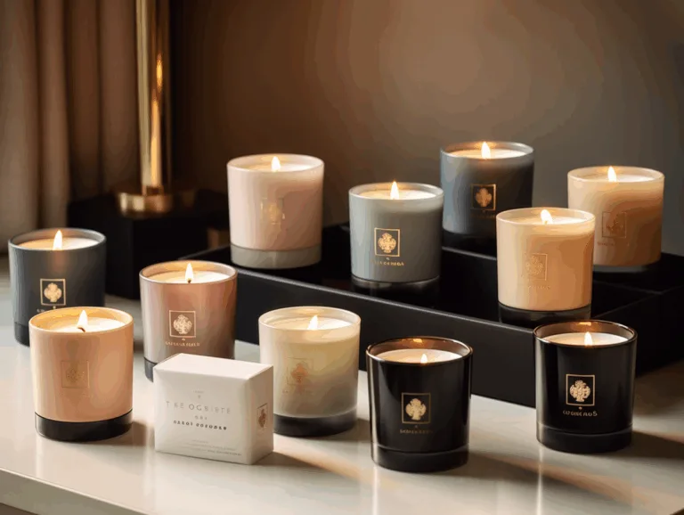 Luxury candles in custom containers with branded packaging shown as retail display inspiration.