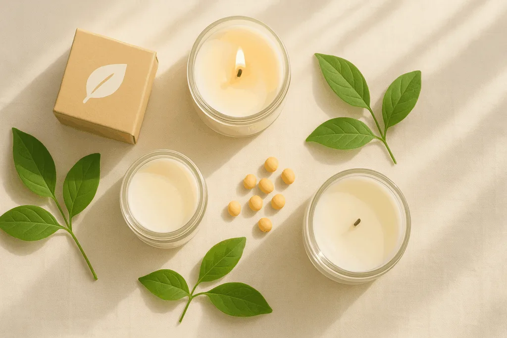 Minimalist flatlay of soy wax candles in glass jars, surrounded by fresh green leaves, soybeans, and eco-friendly packaging under natural sunlight, creating a cozy wellness lifestyle vibe in soft pastel tones.