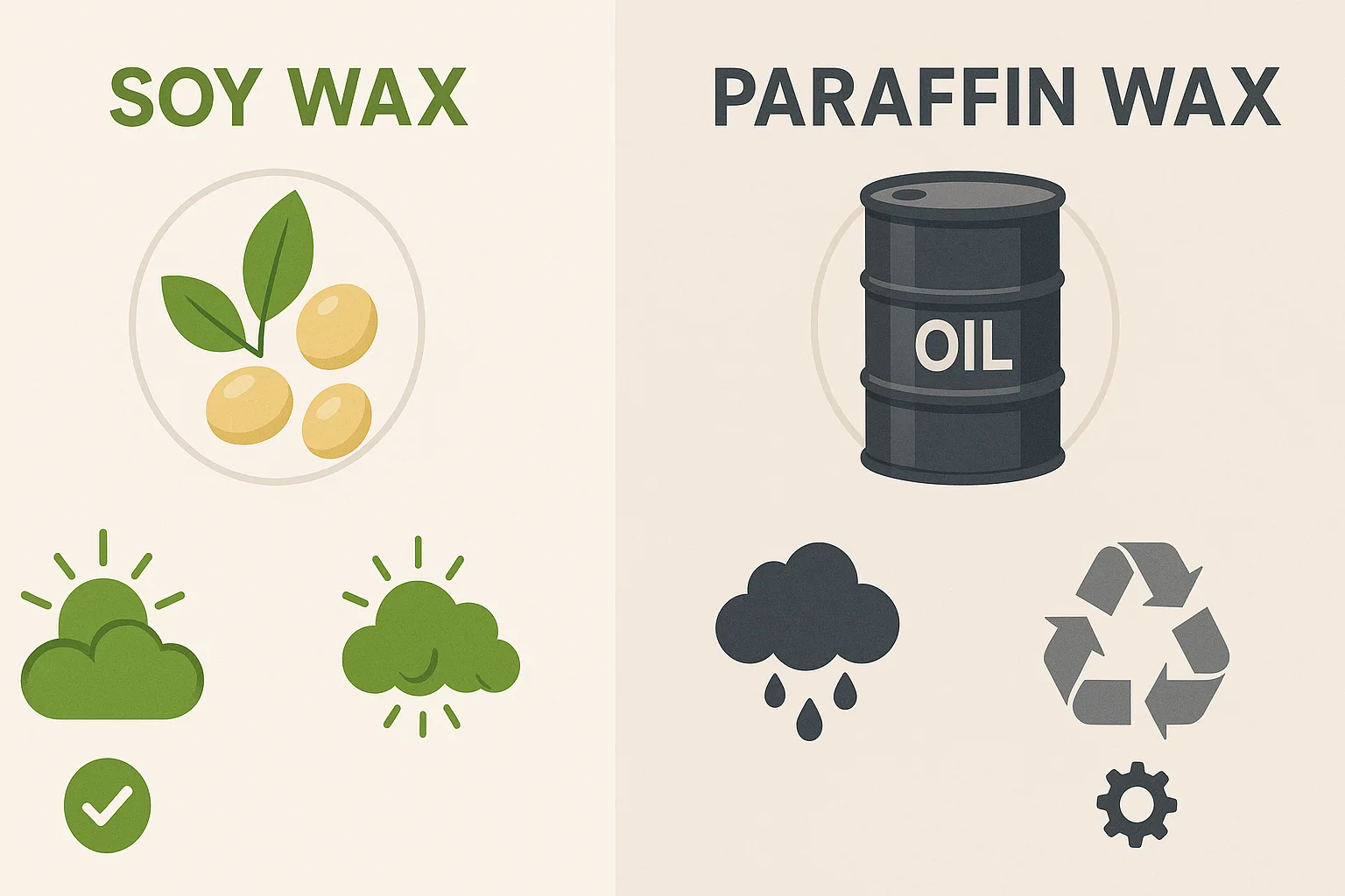 nfographic comparing soy wax and paraffin wax: soybeans symbolizing plant-based renewable soy wax with eco-friendly green icons and clean air, versus petroleum oil barrel representing paraffin wax with industrial gray icons and black soot. Modern vector illustration for candle health and sustainability.