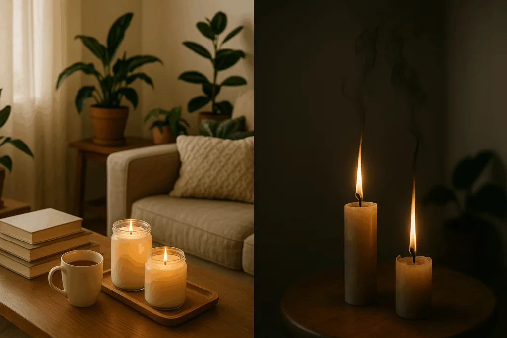 A cozy living room scene with soy wax candles on a wooden table, surrounded by books, tea, and indoor plants in natural sunlight, symbolizing clean air and wellness. In contrast, a paraffin candle corner shows faint black smoke, highlighting the difference between healthy soy candles and petroleum-based paraffin candles.