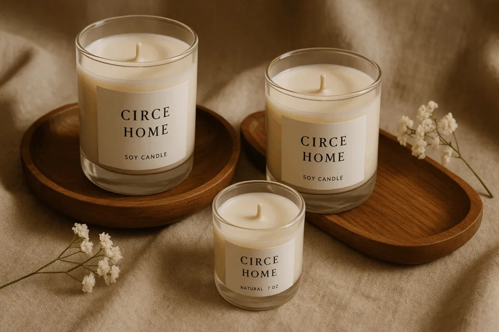 Elegant eco-friendly soy wax candles by Circe Home in minimalist packaging, displayed with natural wooden trays, linen fabric, and soft white flowers. Warm candlelight creates a luxurious wellness lifestyle aesthetic, highlighting sustainable and non-toxic candle design.