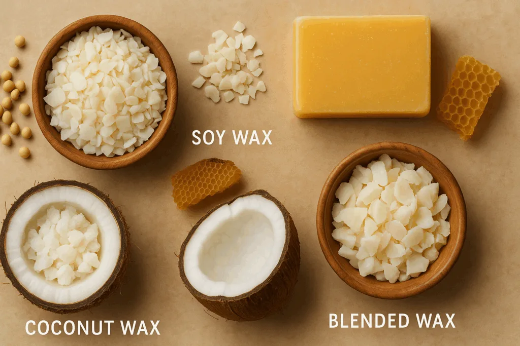 Soy, beeswax, coconut, and blended wax options displayed in glass jars with natural ingredients around them.