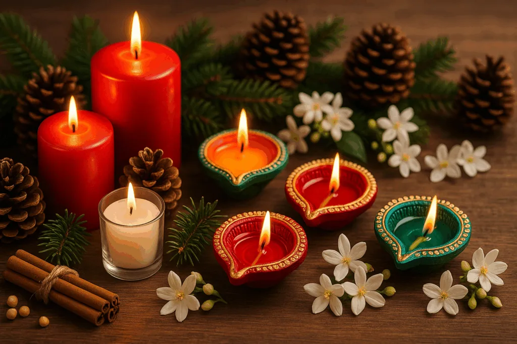 Bright and festive candles representing Christmas, Diwali, and other global celebrations, styled with cultural decorations.