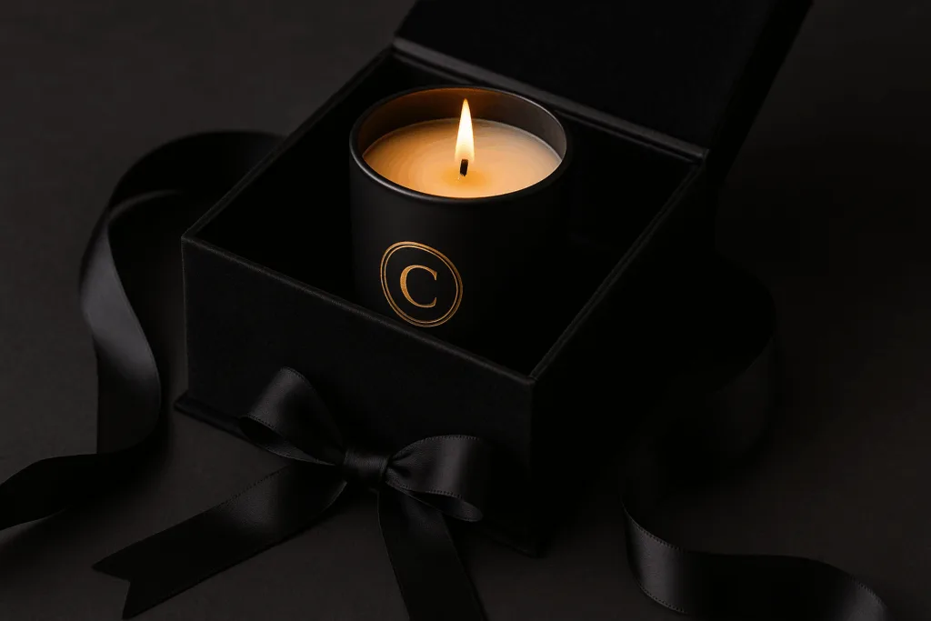 Luxury candle in a black matte jar with a golden company logo, presented in a velvet gift box.