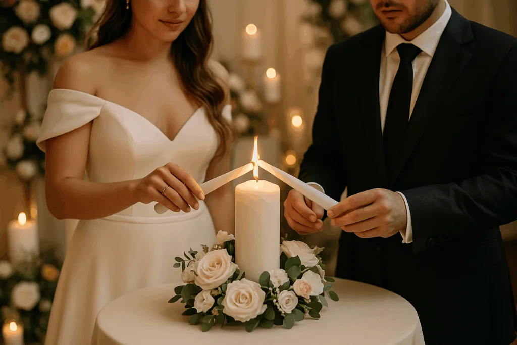 A bride and groom lighting a unity candle together during their wedding ceremony.