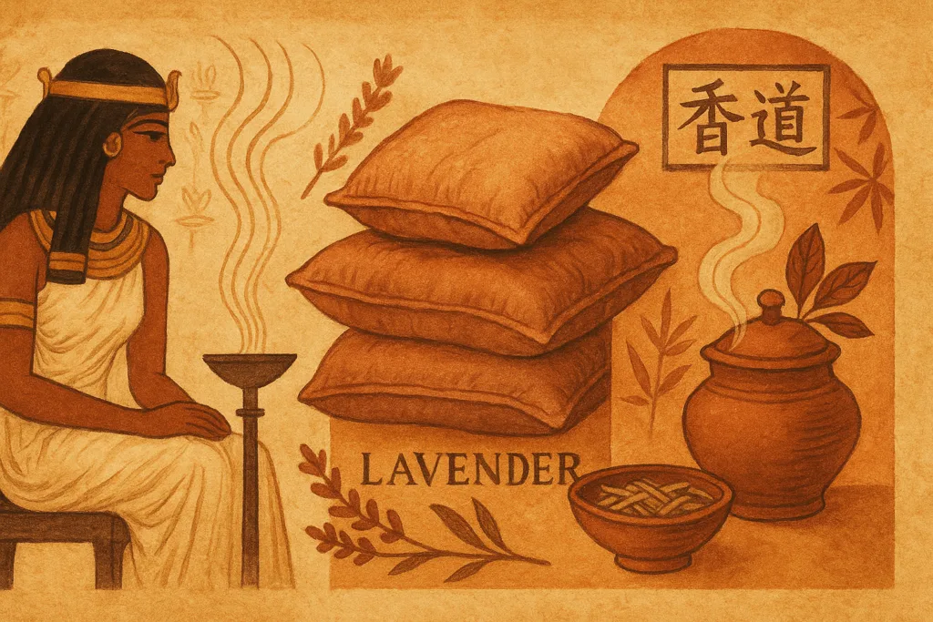 Illustration of how different cultures used aromatherapy for sleep throughout history.