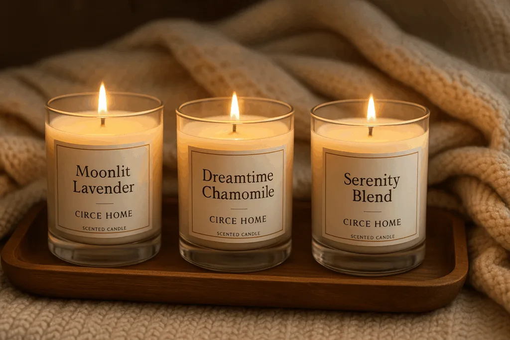 Circe Home’s luxury sleep candle collection featuring Moonlit Lavender, Dreamtime Chamomile, and Serenity Blend.