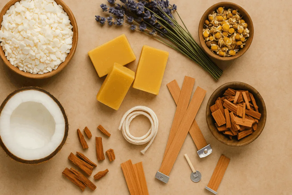 Natural candle ingredients including soy wax, beeswax, coconut, lavender, chamomile, sandalwood, and sustainable wicks.