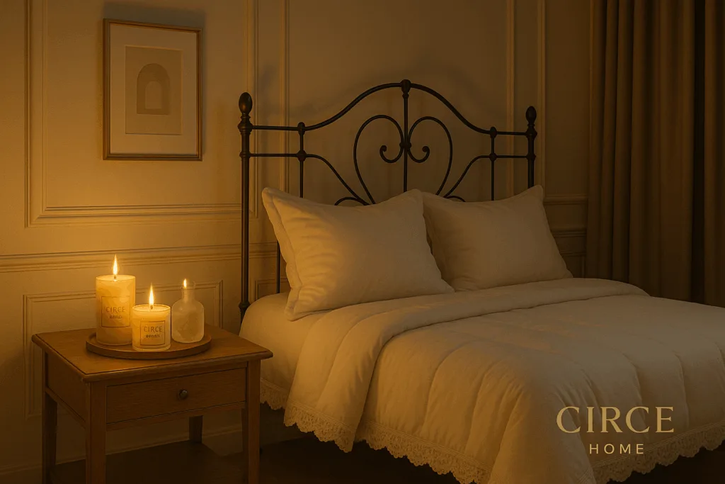 A cozy bedroom with aromatherapy candles creating a calm nighttime atmosphere for sleep.