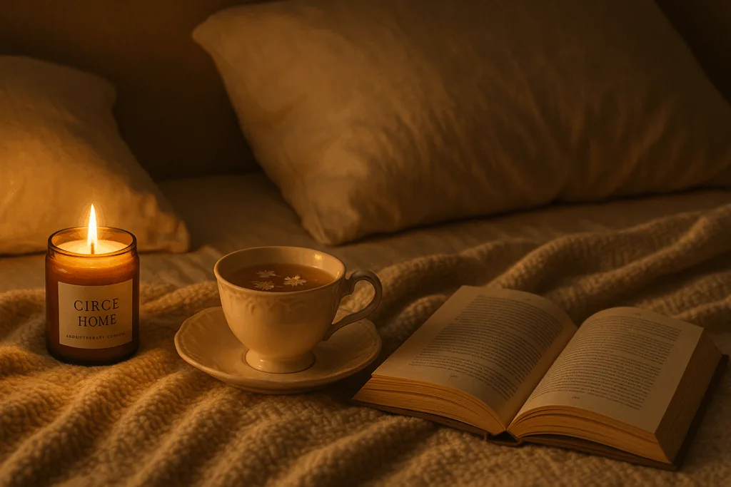 A bedtime ritual scene with aromatherapy candle, chamomile tea, and journaling for relaxation.