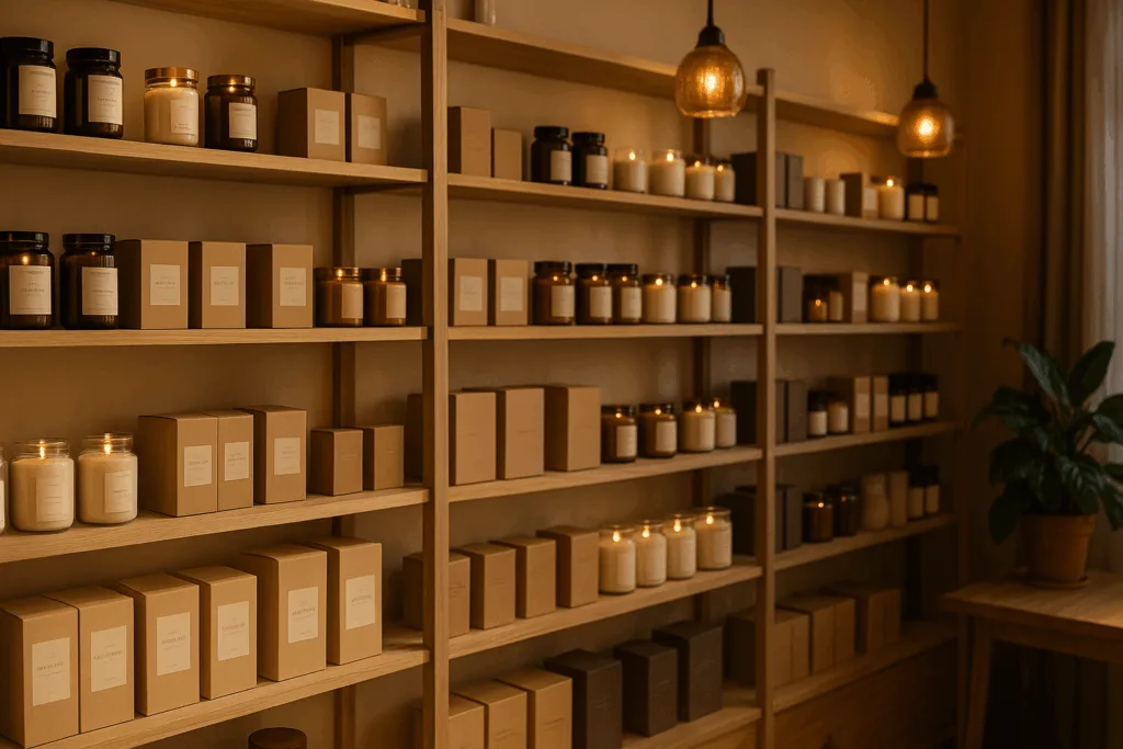 A cozy retail store showcasing private label candles in glass jars and decorative packaging with warm lighting.