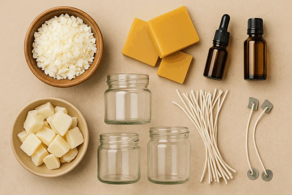 A flat lay photo of soy wax, beeswax, coconut wax, wicks, and essential oils for candle making.