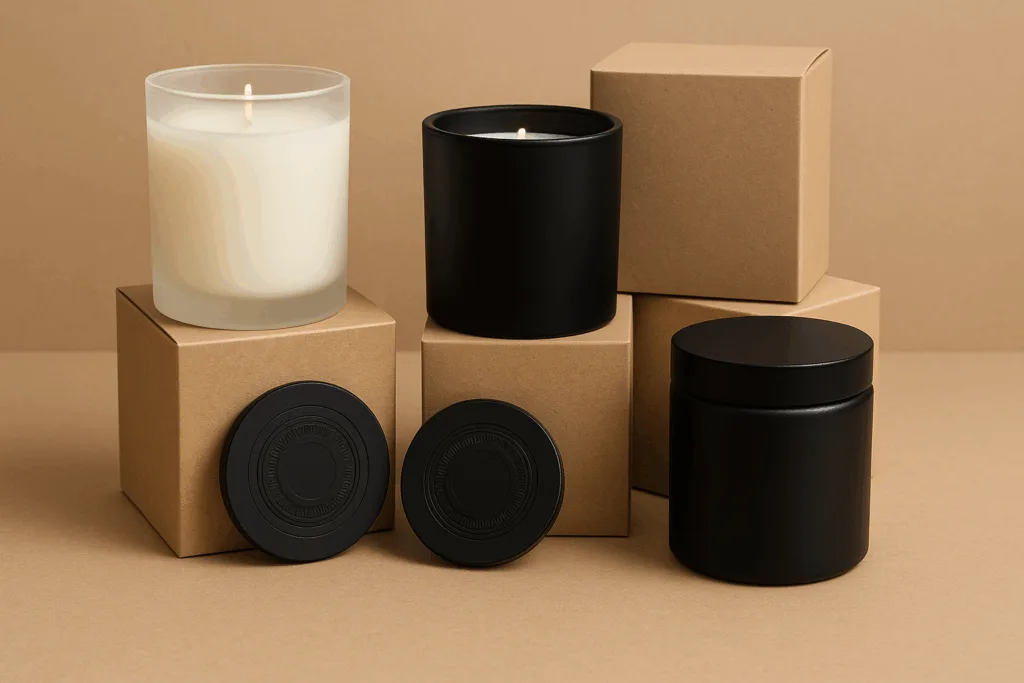 Assorted candle packaging designs in frosted glass, black jars, and eco-friendly boxes for branding.