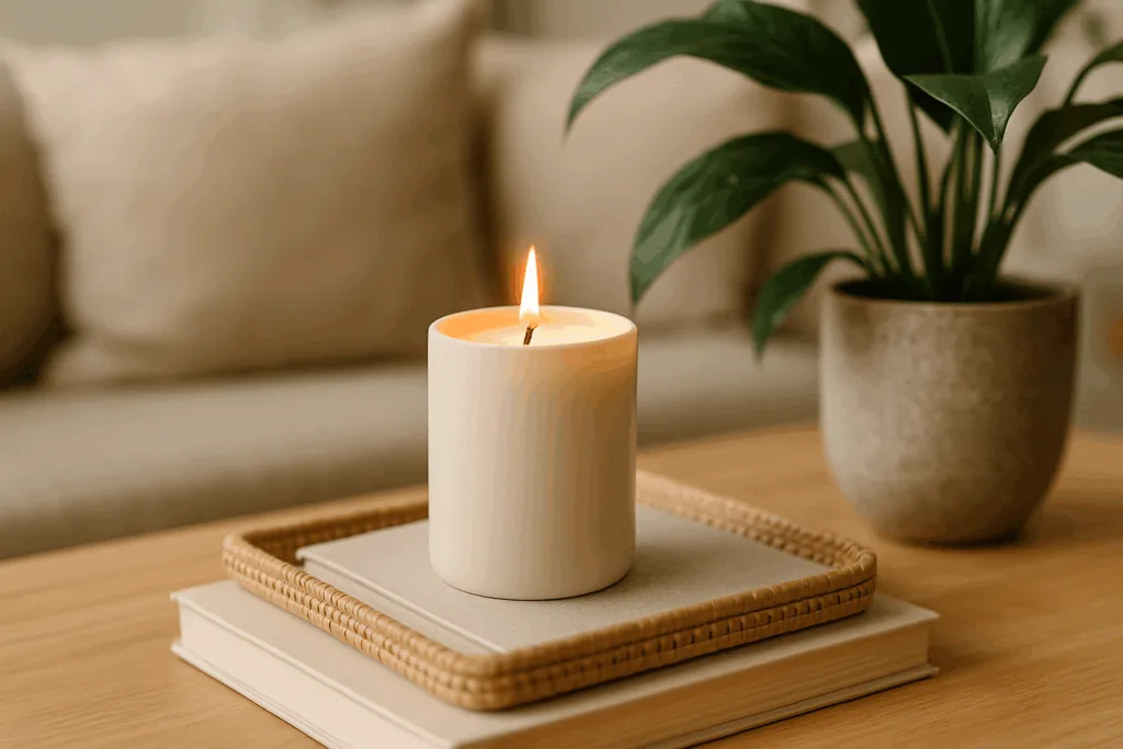 A styled lifestyle image of a burning candle on a coffee table for social media branding.