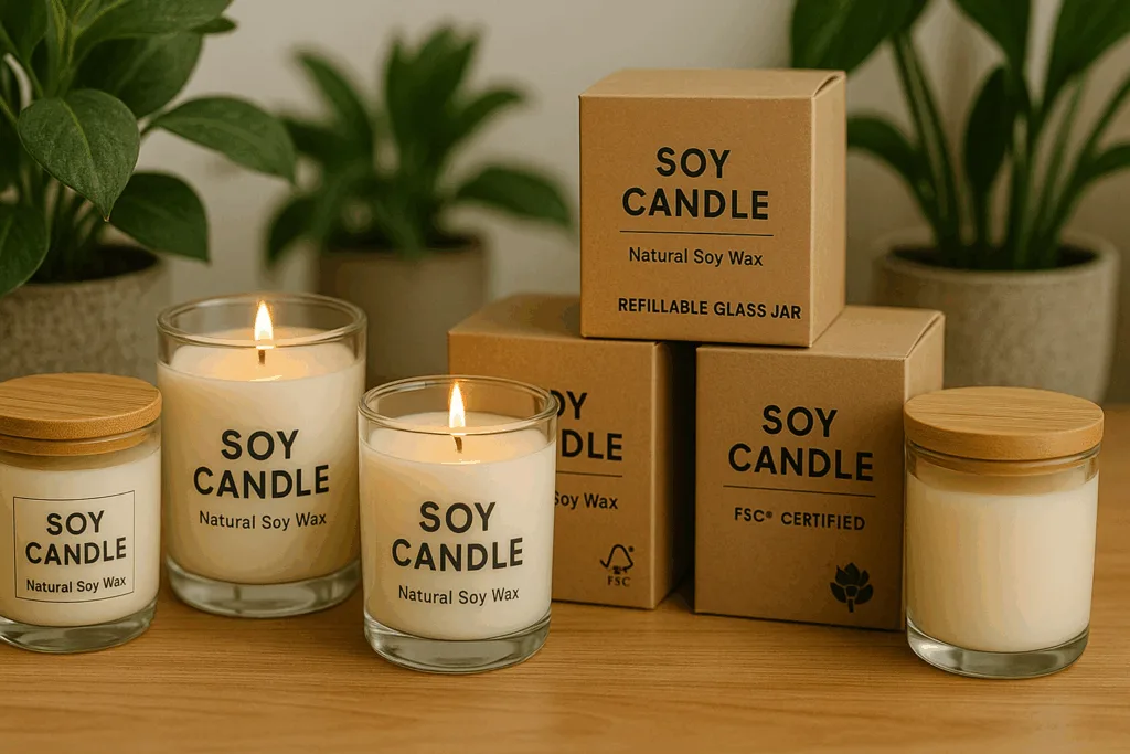 Eco-friendly soy candles in refillable jars with recyclable packaging displayed with plants.