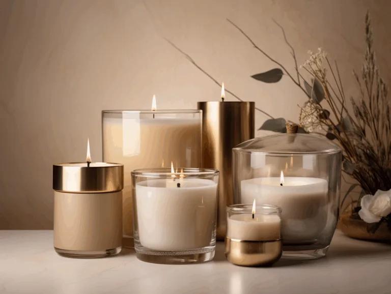 A display of custom candle containers in glass, ceramic, and metal on a beige minimalist background.