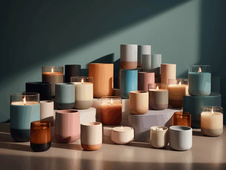 Candle containers in multiple shapes, sizes, and Pantone colors displayed on a beige tabletop.