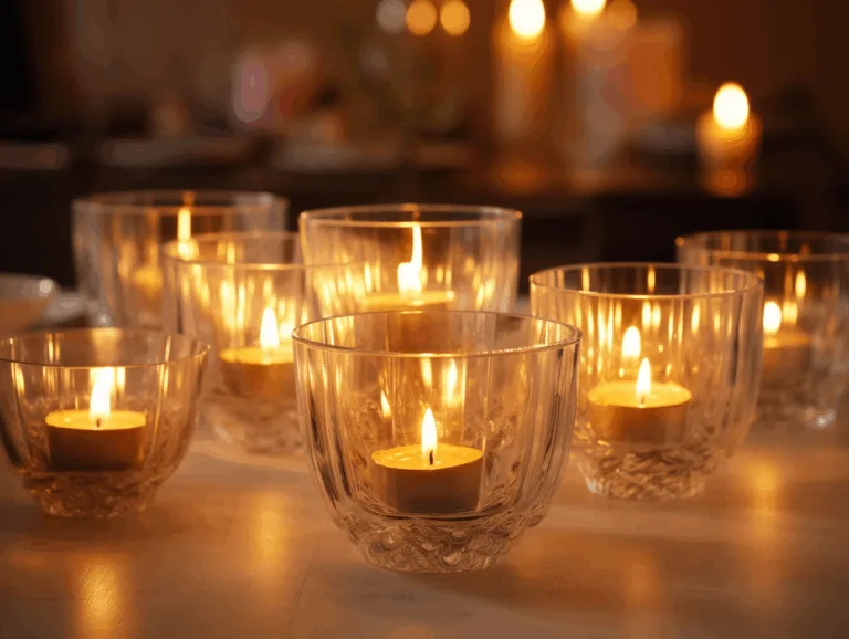 Tea light candles in clear cups glowing softly on an elegant dining table.