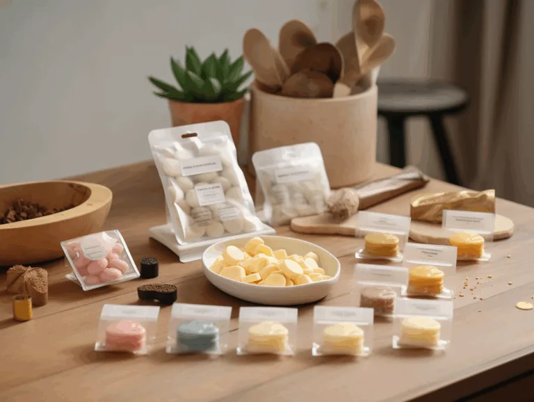 Variety of wax melts in clamshell packaging and pouches arranged with fragrance oils.
