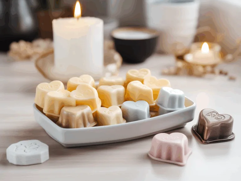 Wax melts in cubes and heart shapes displayed next to a ceramic wax warmer in a cozy home.