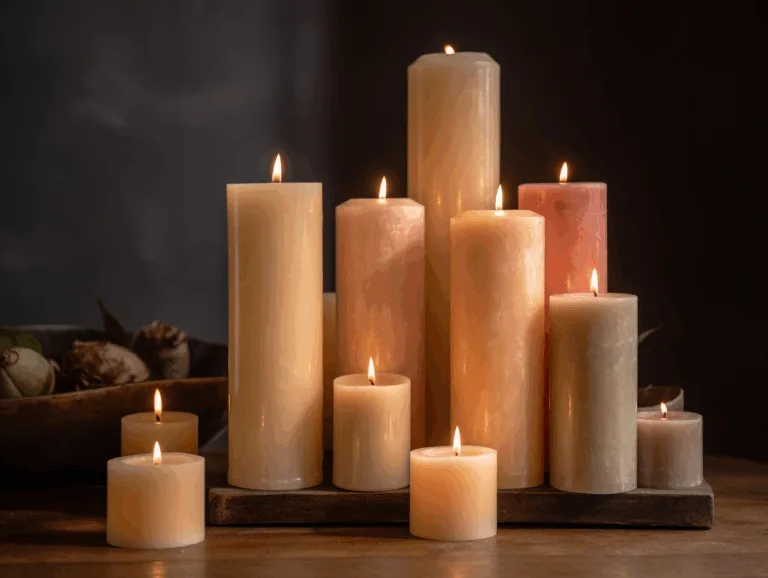 Tall and short pillar candles in ivory and pastel colors glowing in a modern home décor scene.