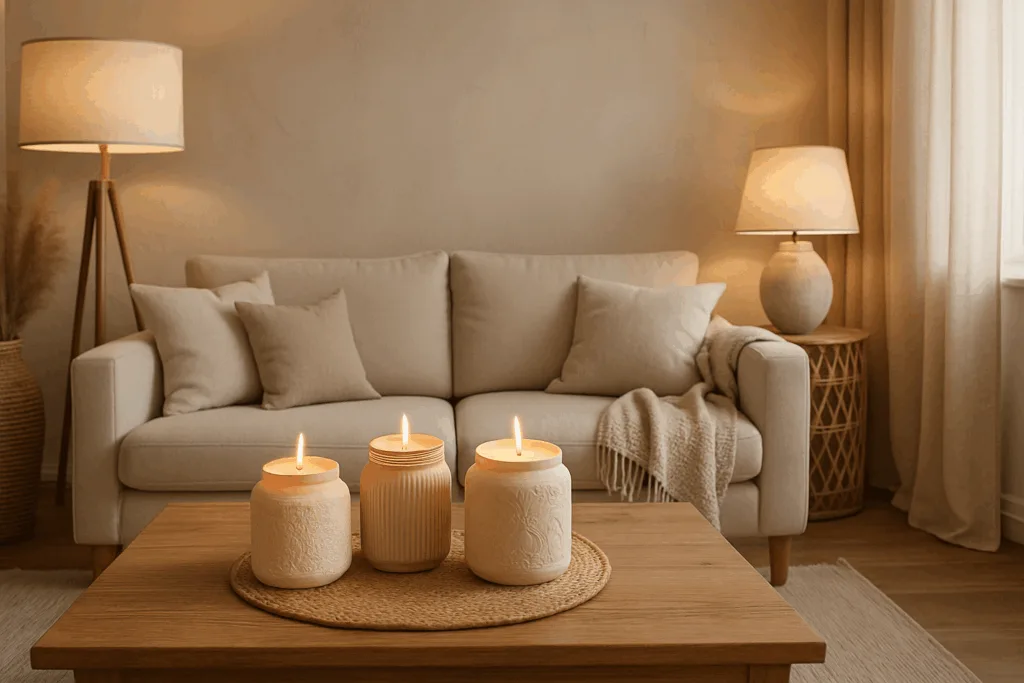 A cozy modern living room decorated with decorative jar candles on a coffee table, creating a warm ambiance.