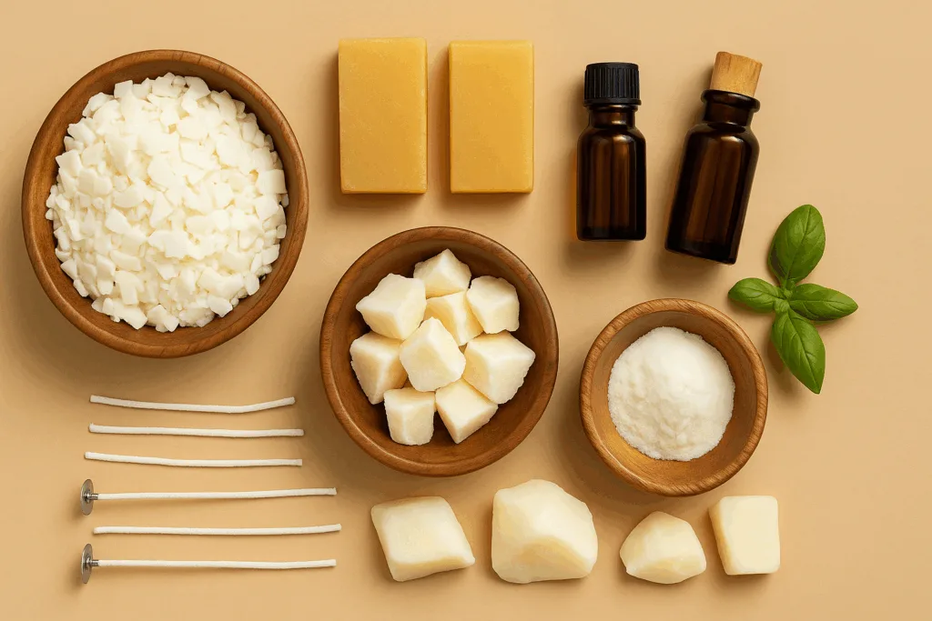 Eco-friendly candle materials including soy wax, beeswax, coconut wax, and natural wicks.