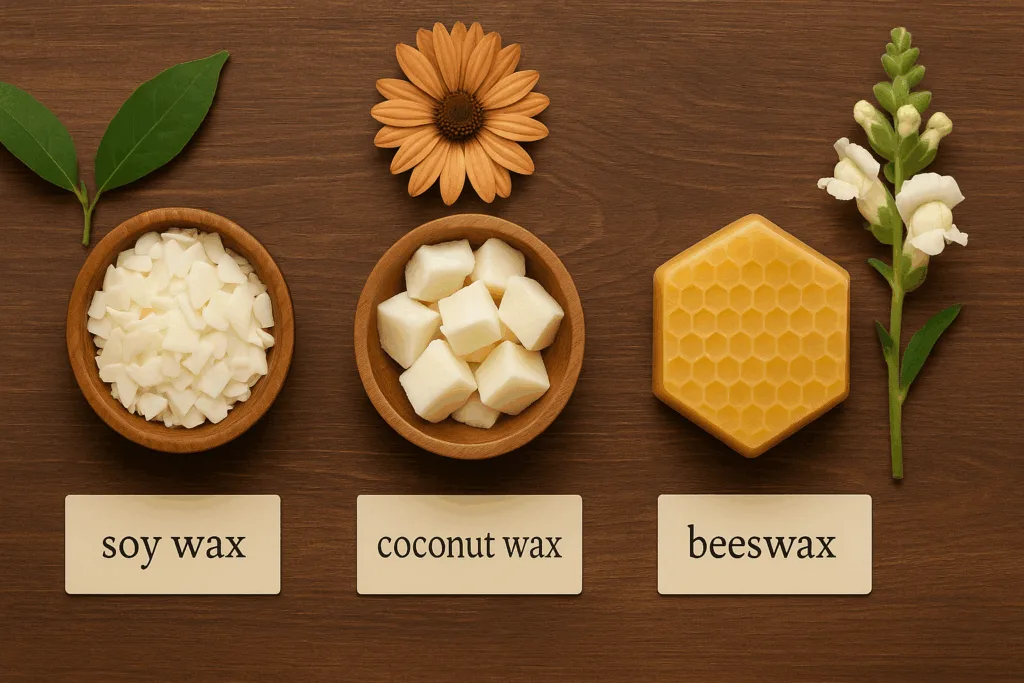 Eco-friendly candle wax choices including soy wax, coconut wax, and beeswax for sustainable candle making.