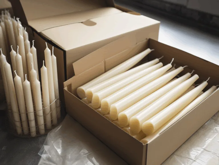 Hand-dipped soy wax taper candles with recyclable packaging beside them.