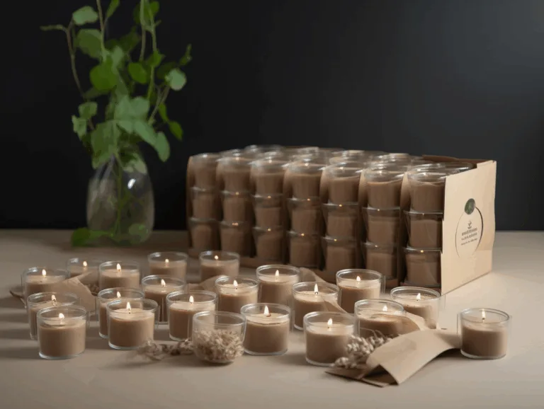 Soy wax tea lights in clear cups with biodegradable kraft packaging.