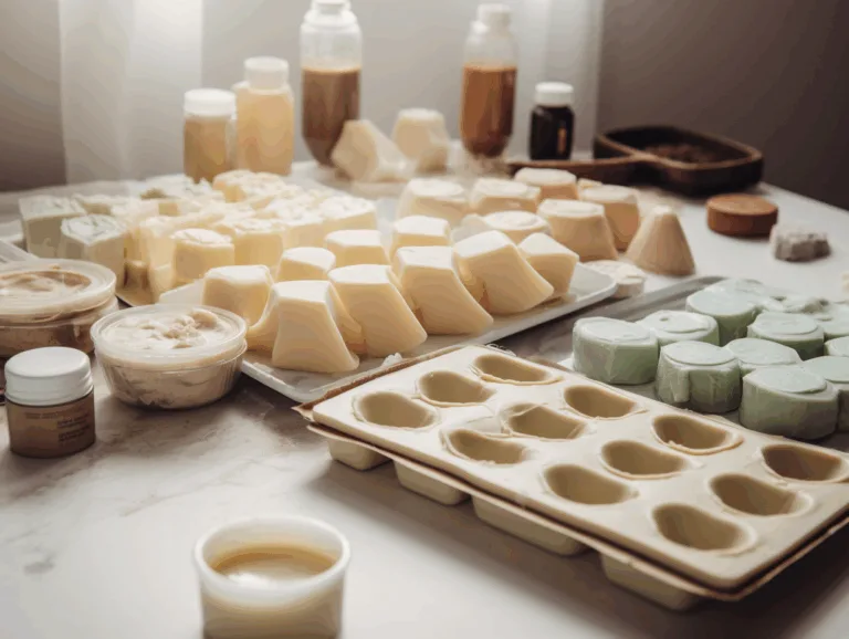 Soy wax being poured into molds with biodegradable packaging materials displayed.