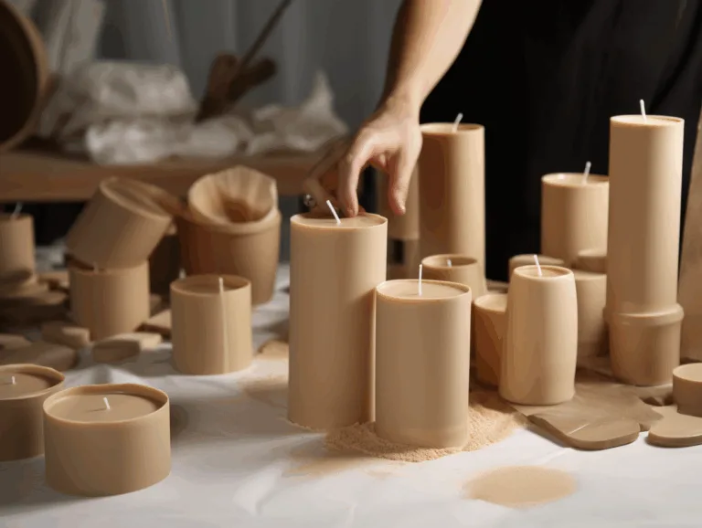 Soy wax being poured into pillar molds with kraft packaging nearby.
