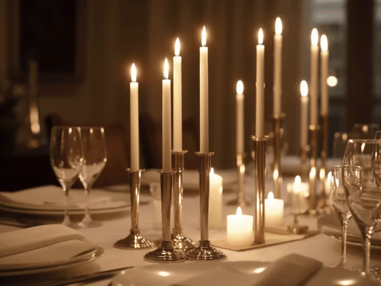 Slim taper candles glowing in metallic holders on a fine dining table with wine glasses.