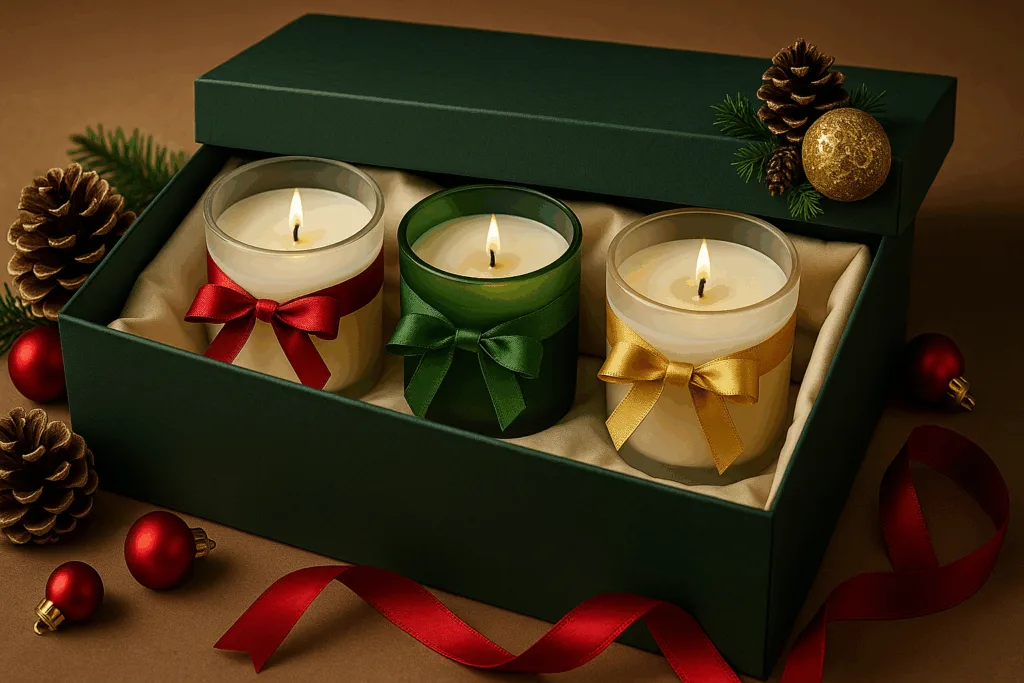 Gift-ready holiday candle set in luxury packaging with festive design and ribbons.