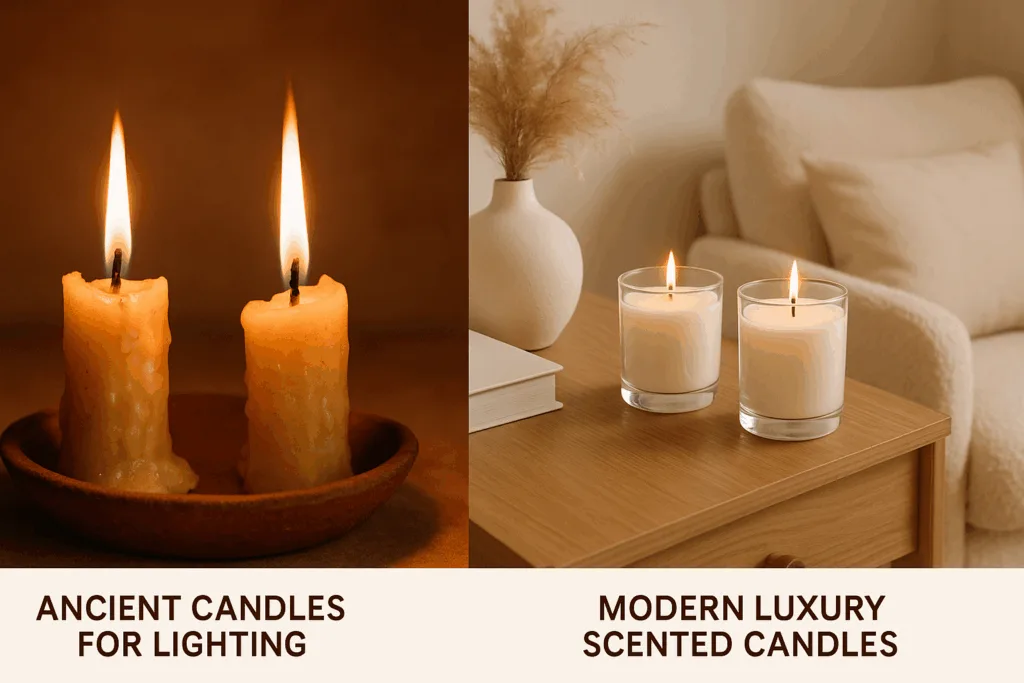 Comparison of old utility candles and modern luxury scented candles as part of home décor.