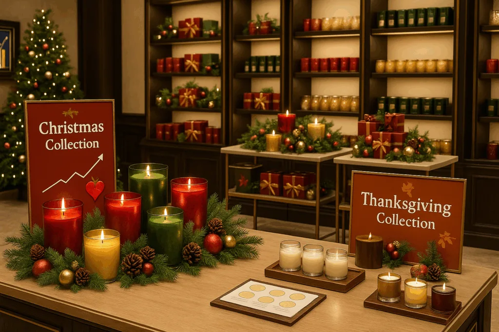 Festive candle display in a retail store with seasonal scents and holiday décor.
