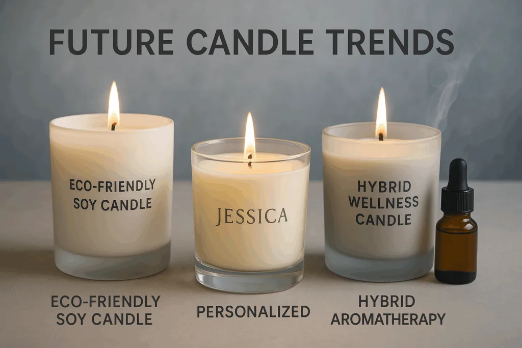 Future seasonal candle trends featuring eco-friendly wax, personalized jars, and wellness aromatherapy candles.