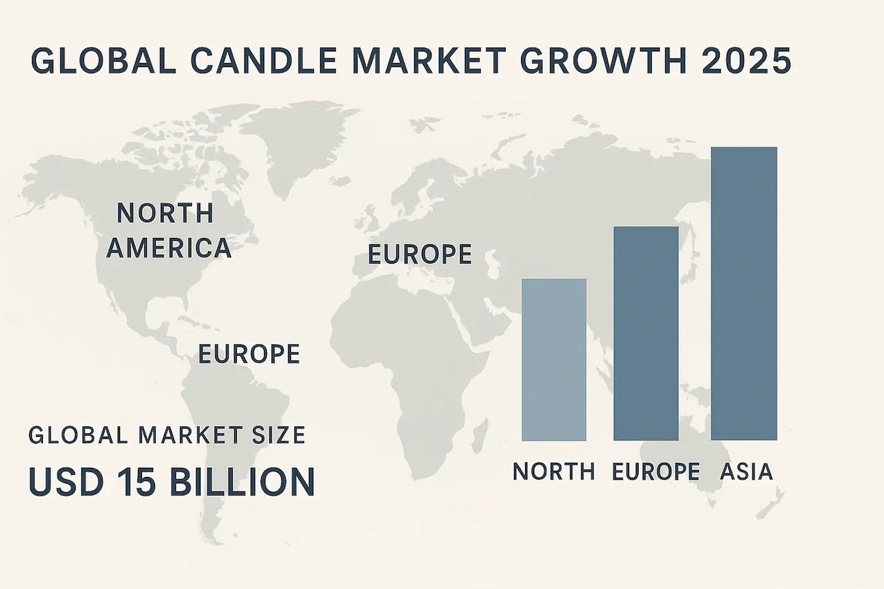 Infographic of top candle market trends 2025 showing global growth in US, Europe, and Asia.