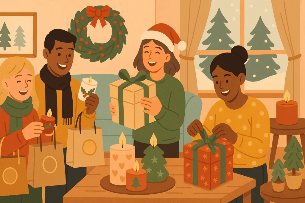 Consumers shopping for seasonal candles as holiday gifts, reflecting festive buying psychology.