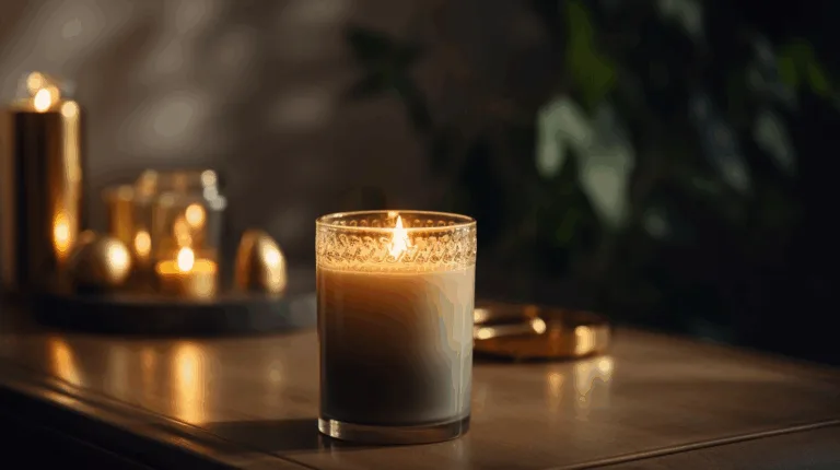 A premium scented jar candle in a frosted glass vessel with metallic lid, warm golden flame, placed on a minimalist wooden table, soft natural lighting, modern lifestyle aesthetic.