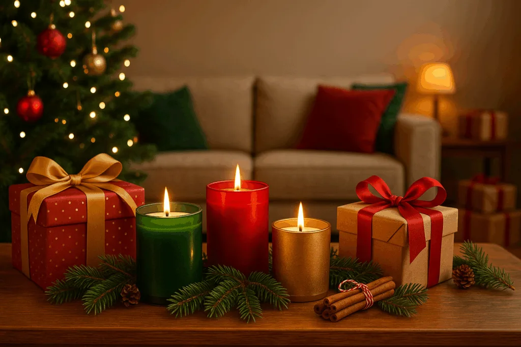 Christmas candle collection in luxury jars with festive scents like pine and cinnamon.