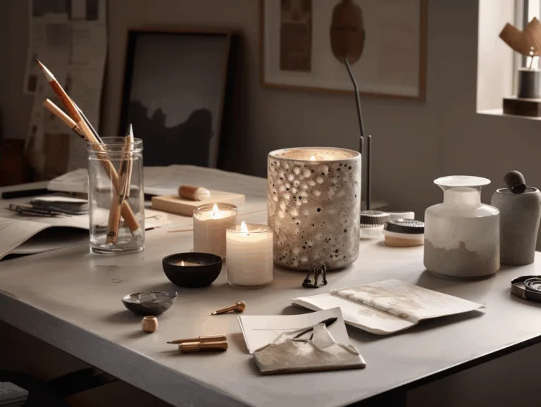 Candle containers displayed beside a mood board to show brand-inspired vessel design choices.