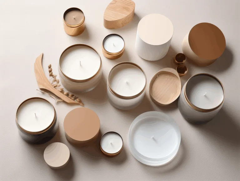 Candle containers in glass, ceramic, stone, and metal with wooden lids arranged on a beige surface.
