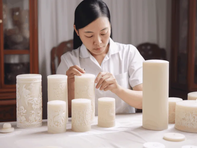 Technician inspecting embossed pillar candle designs during quality control.