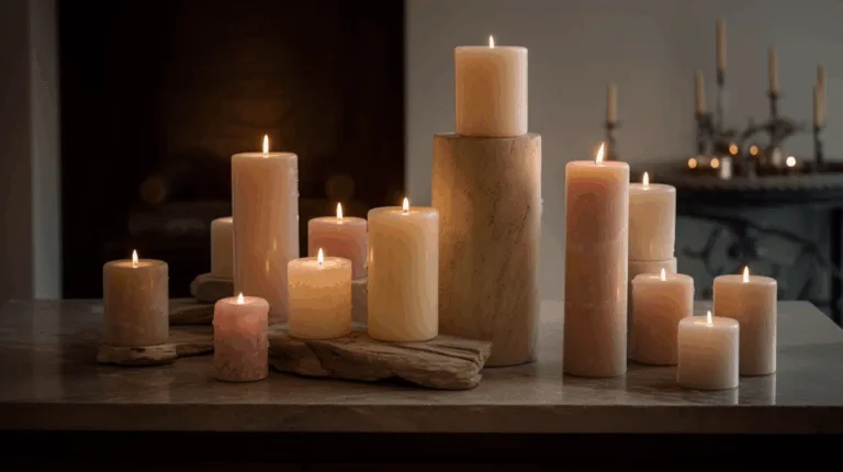 A group of tall and short pillar candles in ivory and soft pastel colors, glowing with steady flames, styled in a modern interior with natural stone and wood textures.