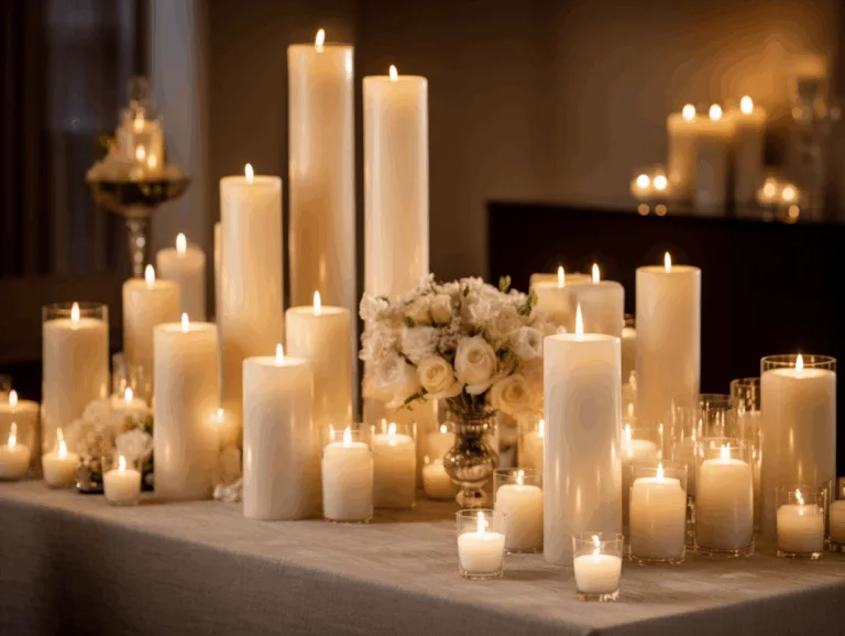 Pillar candles styled as wedding centerpieces and event décor with flowers.